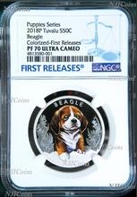 Load image into Gallery viewer, 2018 Puppies Beagle Tuvalu PROOF Silver NGC PF 70 1/2oz Coin Lunar Year DOG FR
