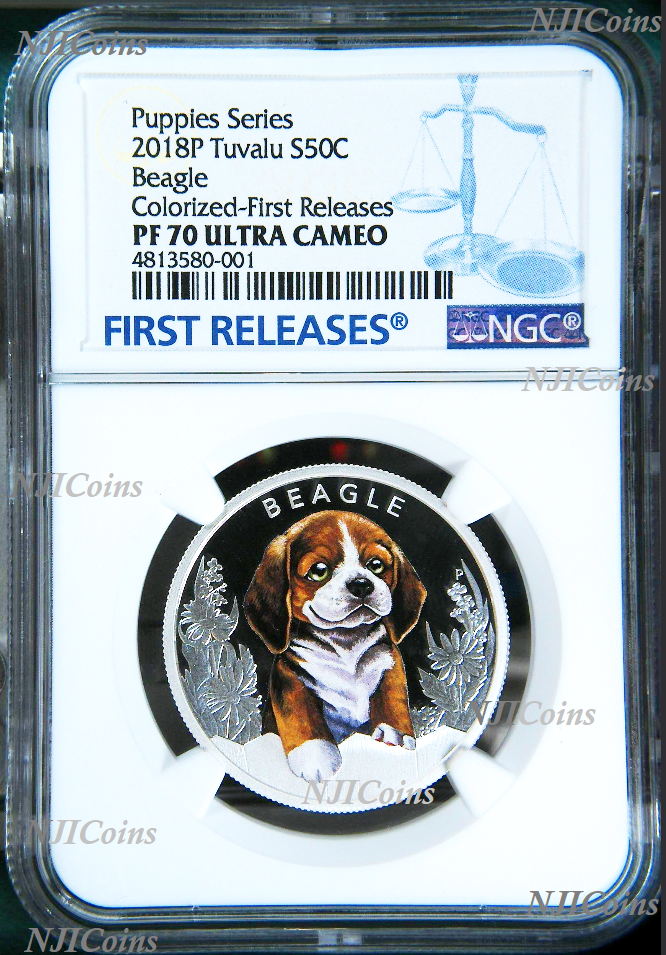 2018 Puppies Beagle Tuvalu PROOF Silver NGC PF 70 1/2oz Coin Lunar Year DOG FR