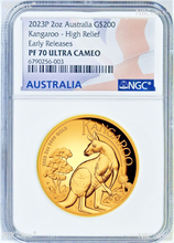 Load image into Gallery viewer, 2023 Australian High Relief Proof Kangaroo $200 NGC PF70 .9999 2oz GOLD Coin ER
