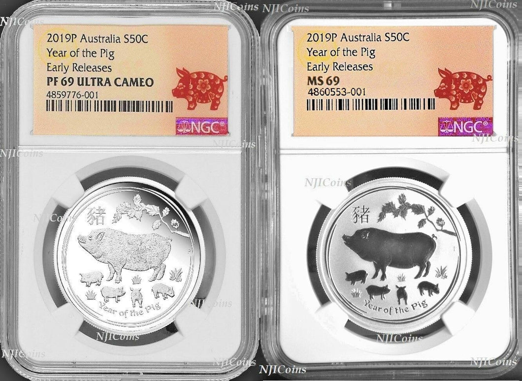 2-Coin-Set 2019 Lunar Year of the PIG 2x 1/2oz Silver NGC PF69+MS69 Proof+BU ER