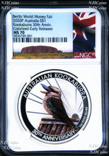 Load image into Gallery viewer, 2020 Berlin Show Australia 30th Ann. Kookaburra Silver NGC MS 70 1oz $1 Coin ER
