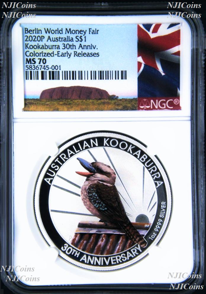 2020 Berlin Show Australia 30th Ann. Kookaburra Silver NGC MS 70 1oz $1 Coin ER