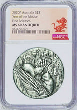 Load image into Gallery viewer, 2020 Australia Antiqued LUNAR Year of the MOUSE 2oz $2 Silver Coin NGC MS69 FR
