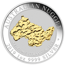 Load image into Gallery viewer, 2019 Australia WELCOME STRANGER GOLD NUGGET 24k GILDED 1oz SIlver $1 Coin
