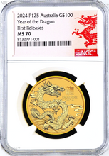 Load image into Gallery viewer, 2024 Australia Bullion 1oz GOLD Lunar Year of the DRAGON NGC MS70 $100 Coin FR
