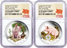 Load image into Gallery viewer, 2019 1oz Silver Good Fortune Year of the PIG Wealth Wisdom 2-Coin Set NGC PF70
