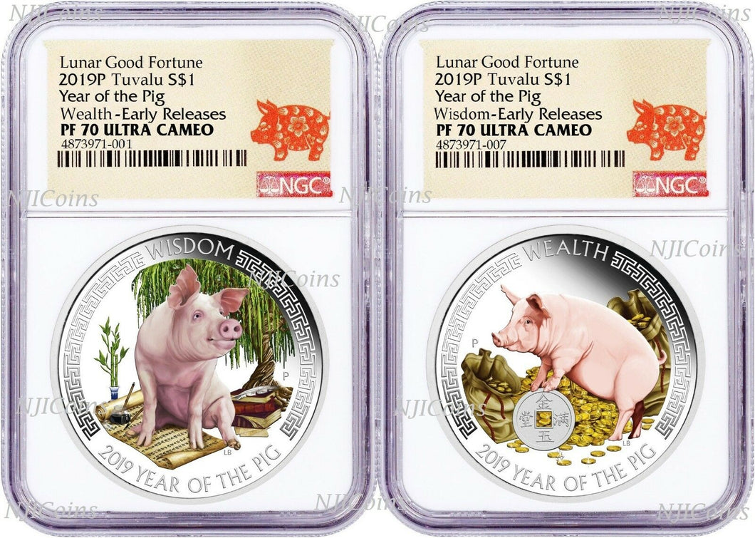 2019 1oz Silver Good Fortune Year of the PIG Wealth Wisdom 2-Coin Set NGC PF70