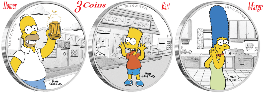 3-Coin Set 2019 The Simpsons - Homer Bart & Marge Simpson 1oz x3 $1 Silver