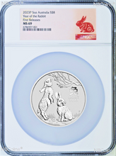 Load image into Gallery viewer, 2023 P Australia Silver Lunar Year of the Rabbit 5oz $8 Coin NGC MS69 FR
