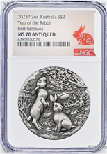 Load image into Gallery viewer, 2023 Australia Antiqued LUNAR Year of the RABBIT 2oz $2 Silver Coin NGC MS70 FR
