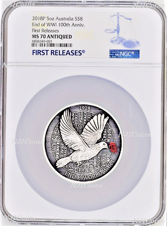 2018 End of WWI 100th Anniversary 5oz Silver Coin NGC MS70 Australia Antiqued $8