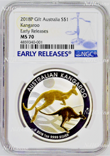 Load image into Gallery viewer, 2018 P Australia GILDED Silver Kangaroo NGC MS 70 1 oz Coin w/OGP gilt ER LABEL
