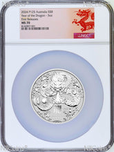 Load image into Gallery viewer, 2024 P Australia Silver Lunar Year of the DRAGON 5oz $8 Coin NGC MS70 FR
