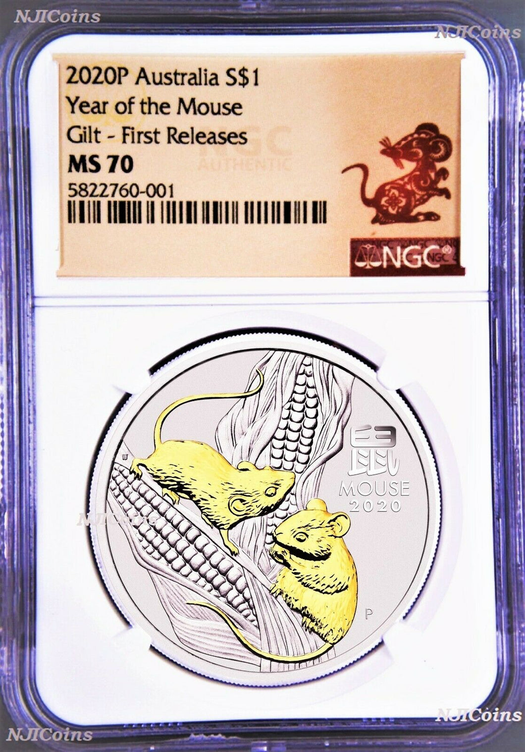 2020 Australia GILDED Silver Lunar Year of the MOUSE NGC MS70 1oz $1 Coin GILT