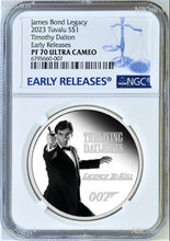 Load image into Gallery viewer, 2023 James Bond Legacy 3rd Issue Timothy Dalton SILVER $1 1oz COIN NGC PF70 ER
