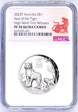 Load image into Gallery viewer, 2022 Australia Lunar Year Of The TIGER High Relief 1oz Silver Coin NGC PF70 FR
