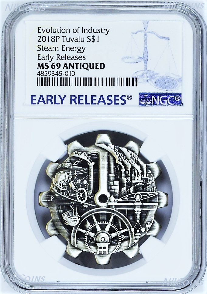 2018 Evolution of Industry Steam Energy ANTIQUED Gear-Shaped 1oz Silver NGC MS69