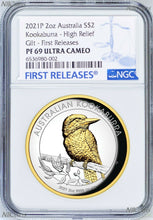 Load image into Gallery viewer, 2021 Australia GILT HIGH RELIEF 2oz Silver Kookaburra $2 Coin NGC PF69 FR BlueLB
