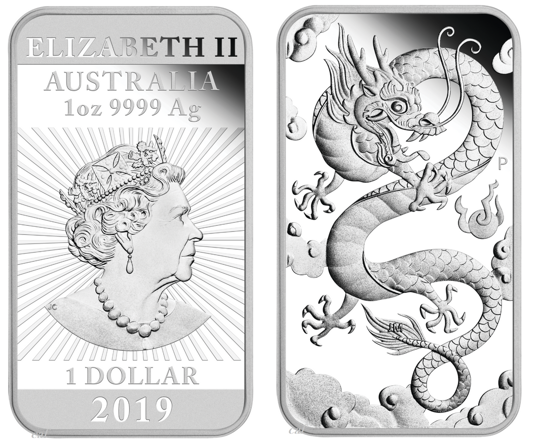 2019 DRAGON 1oz SILVER PROOF RECTANGULAR COIN AUSTRALIA 3,888 MINTAGE ONLY