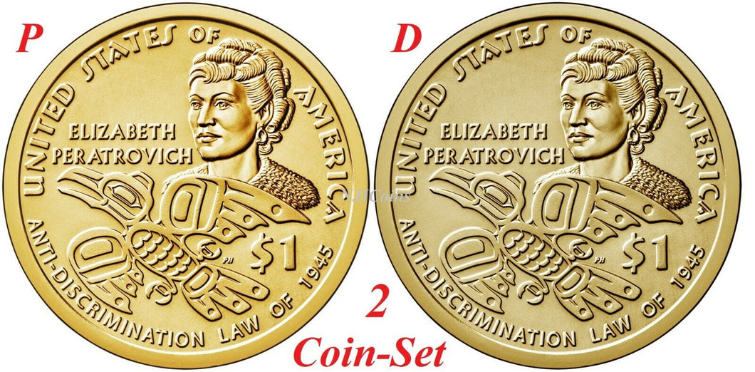 2-coin-set 2020 P D Native American Elizabeth Peratrovich Sacagawea Dollar $1