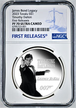 Load image into Gallery viewer, 2023 James Bond Legacy 3rd Issue Timothy Dalton SILVER $1 1oz COIN NGC PF70 FR
