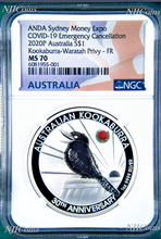 Load image into Gallery viewer, 2020 $1 1oz Silver Sydney ADNA Expo Kookaburra Waratah Privy Mark NGC MS 70 FR
