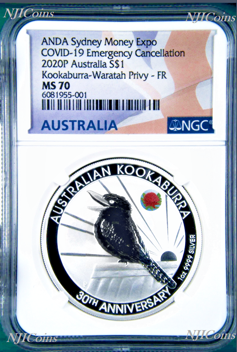 2020 $1 1oz Silver Sydney ADNA Expo Kookaburra Waratah Privy Mark NGC MS 70 FR
