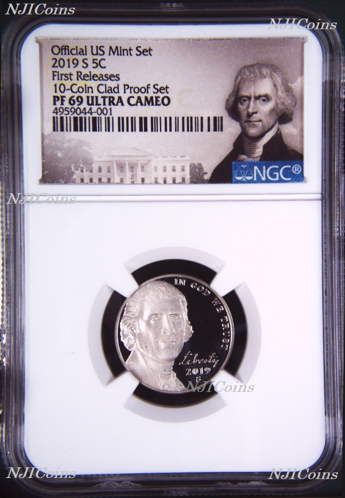 2019 S Proof 5C Nickel NGC PF69 ULTRA CAMEO FR in 10-coin-set Jefferson label