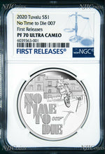 Load image into Gallery viewer, 2020 James Bond 007 No Time To Die .9999 SILVER PROOF $1 1oz COIN NGC PF70 FR
