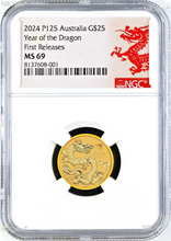 Load image into Gallery viewer, 2024 Australia Bullion GOLD $25 Lunar Year of the Dragon NGC MS69 1/4oz Coin FR
