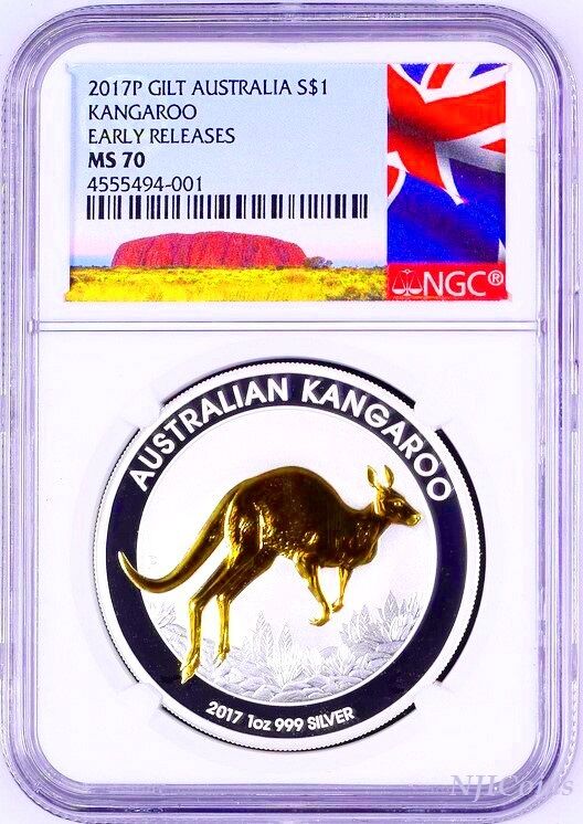 2017 P Australia GILDED Silver Kangaroo NGC MS 70 1 oz Coin w/OGP gilt NEW LABEL