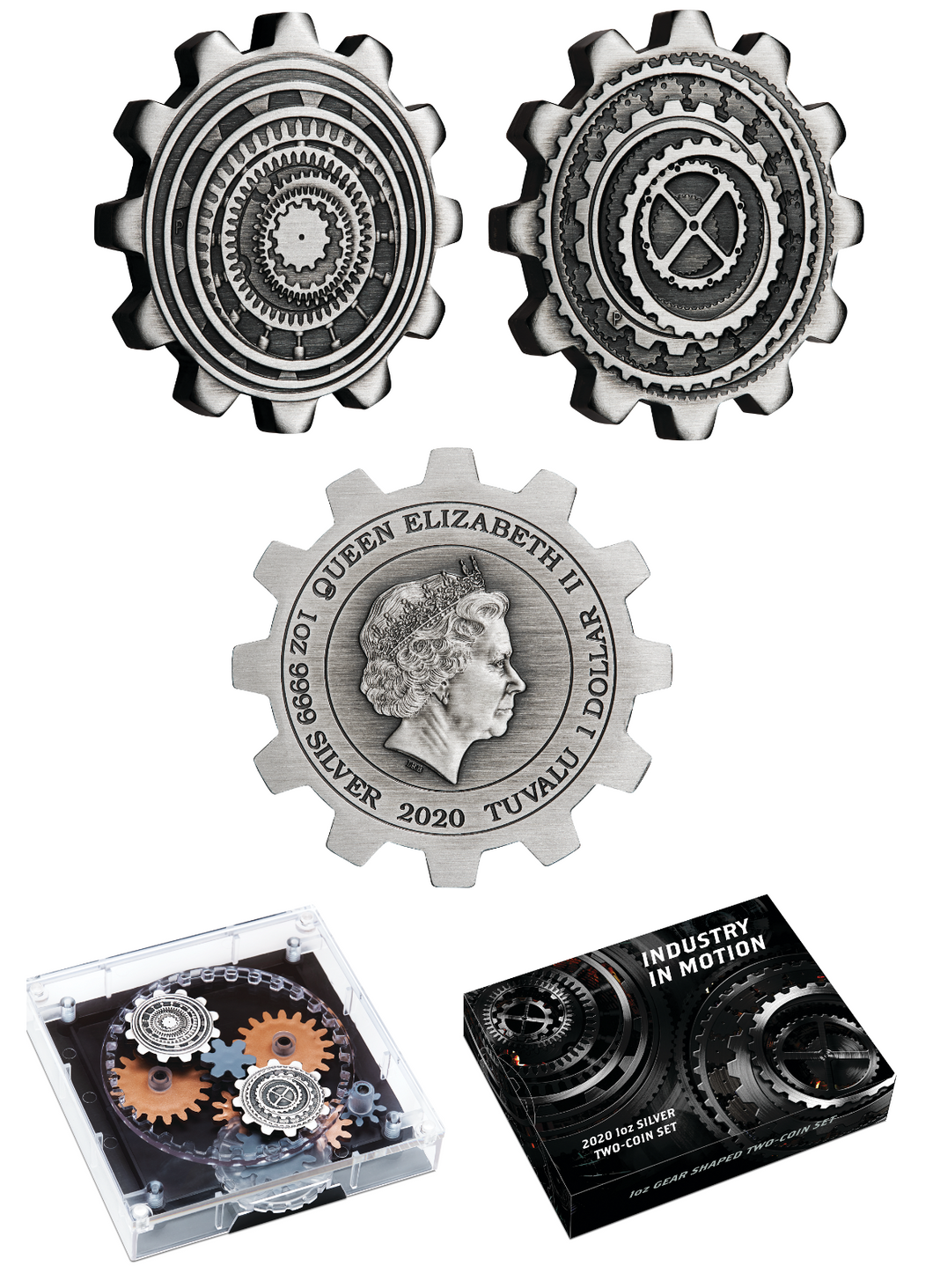 2020 INDUSTRY IN MOTION 1oz Antiqued SILVER GEAR-SHAPED TWO-COIN SET (2oz total)