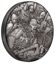 Load image into Gallery viewer, 2018 P Tuvalu Warfare - Vikings ANTIQUED 2Oz Silver $2 3D COIN NGC PF70 FR
