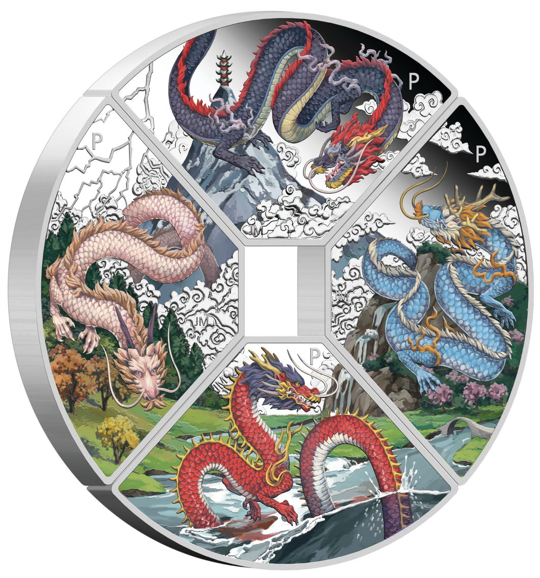 2024 LUNAR YEAR OF THE DRAGON QUADRANT SILVER $1 4-coin-set 4x 1oz Fan-shape