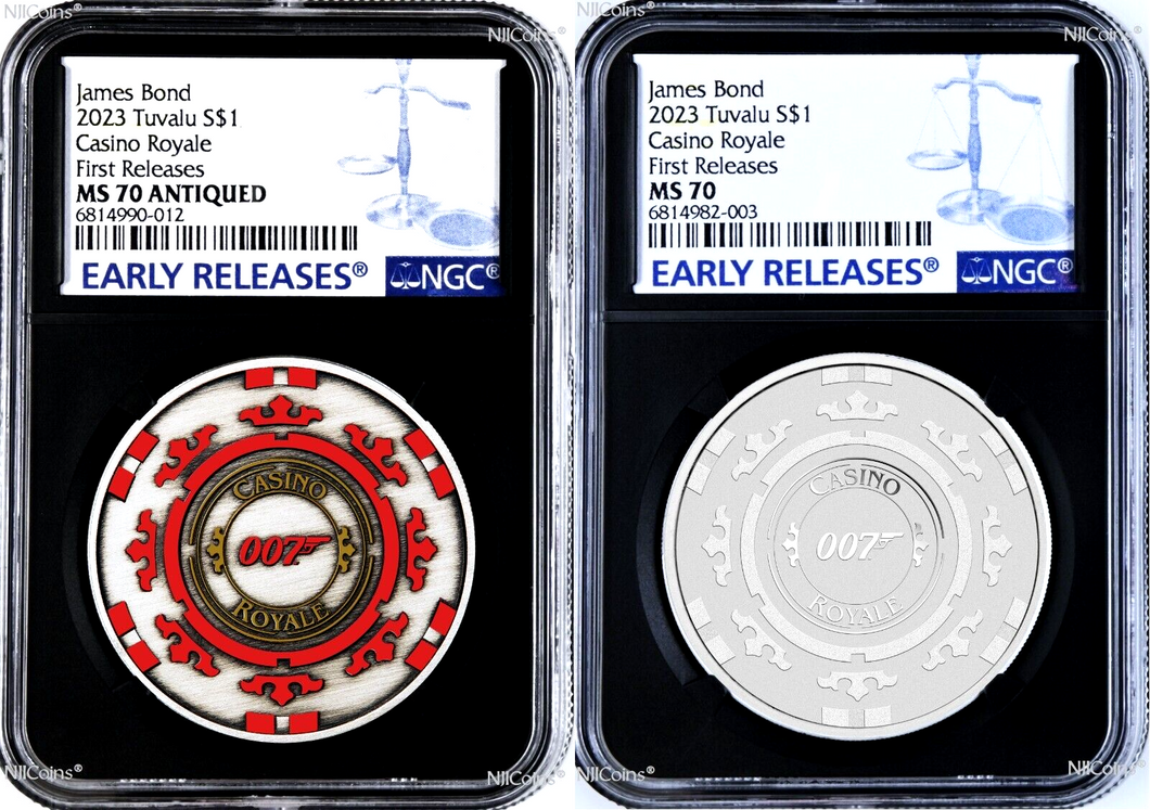 2023 2-Coin-Set Royal Casino CHIP Antiqued SILVER $1 2oz NGC MS70 007 BLACK CORE