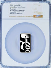 Load image into Gallery viewer, 2022 60 YEARS OF JAMES BOND SILVER 007 COLORED RECTANGLE $1 1oz COIN NGC PF69 Br
