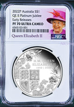 Load image into Gallery viewer, 2022 QUEEN ELIZABETH Platinum Jubilee Silver $1 Proof coin PF70 ER NGC Cert 001
