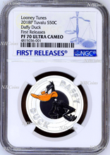 Load image into Gallery viewer, 2018 TUVALU Looney Tunes DAFFY DUCK Silver Proof NGC PF70 Half Dollar Coin FR
