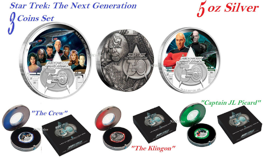 3-Coin-Set 2017 Star Trek The Next Generation Crew Picard Klingon 5oz Silver