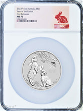 Load image into Gallery viewer, 2023 P Australia Silver Lunar Year of the Rabbit 5oz $8 Coin NGC MS70 FR
