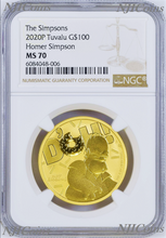 Load image into Gallery viewer, 2020 Homer Simpson $100 1oz .9999 GOLD BULLION COIN NGC MS70 Brown Label
