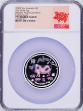 Load image into Gallery viewer, 2019 ANDA EXPO PROOF Colored Silver Lunar Year of the PIG NGC PF70 2oz $2 Coin
