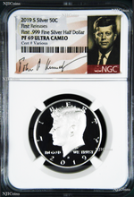 Load image into Gallery viewer, 2019 S First 999 Fine Silver Kennedy Half Dollar NGC PF69 FR coin JFK Sig. Label
