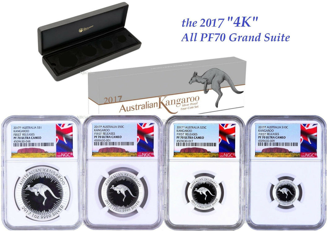 2017 Australia Red Kangaroo Silver Proof 4 Coin Set NGC PF70 1 1/2 1/4 1/10oz FR