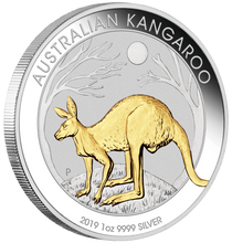 Load image into Gallery viewer, Australian Gilt Gilded 2019 Kangaroo Proof Silver 1 oz Dollar $1 Coin Australia
