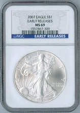 Load image into Gallery viewer, 2007 AMERICAN EAGLE 1 oz SILVER Coin NGC MS69 MS 69 Blue LABEL EARLY RELEASES
