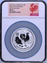 Load image into Gallery viewer, 2017 P Australia Silver Lunar Year of the Rooster 5 oz $8 Coin NGC MS70 ER
