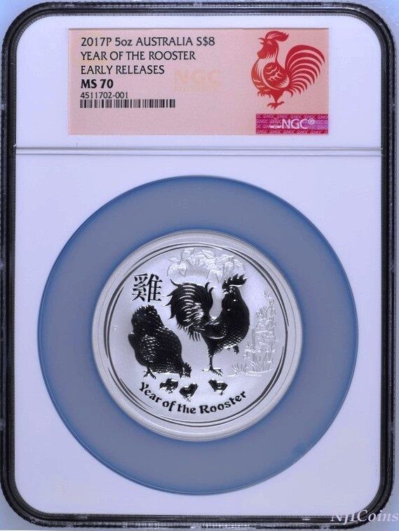 2017 P Australia Silver Lunar Year of the Rooster 5 oz $8 Coin NGC MS70 ER