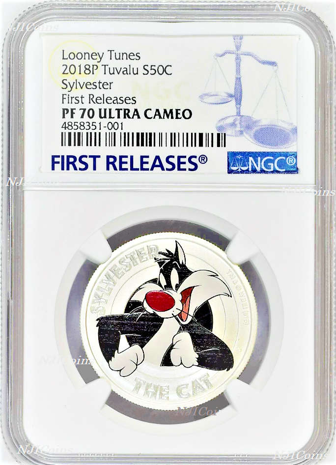 2018 TUVALU Looney Tunes SYLVESTER Silver Proof NGC PF70 Half Dollar Coin FR