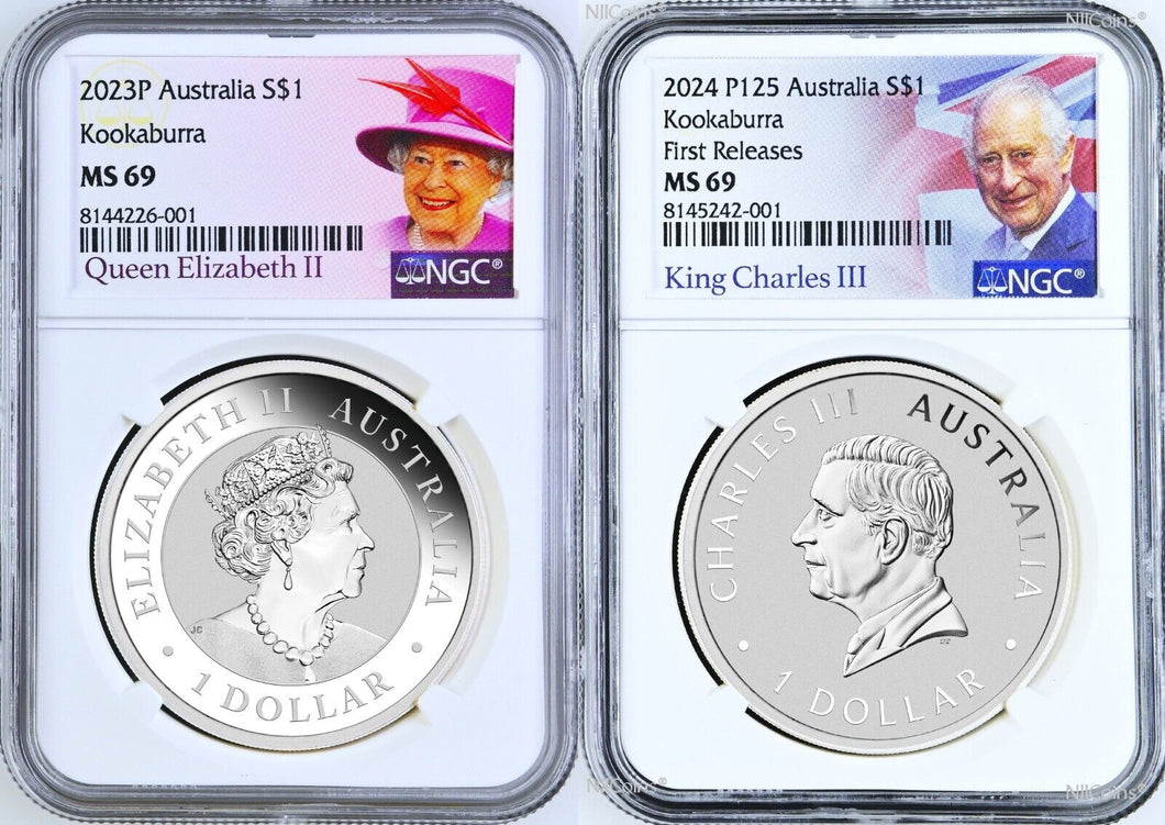 2-Coin-Set Final Queen & 1st KING CHARLES EFFIGY Kooka/kanga 1oz SILVER NGC MS69
